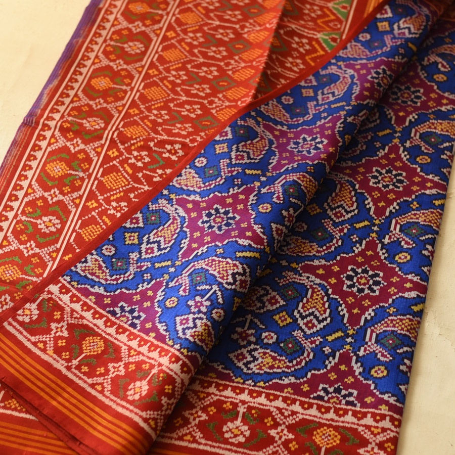 shop Handwoven Patola Silk Blue Saree - Double Ikat Patola