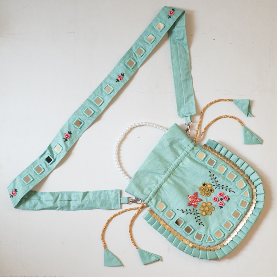shop Embroidered Potli Purse With Detachable Belt - Light Blue