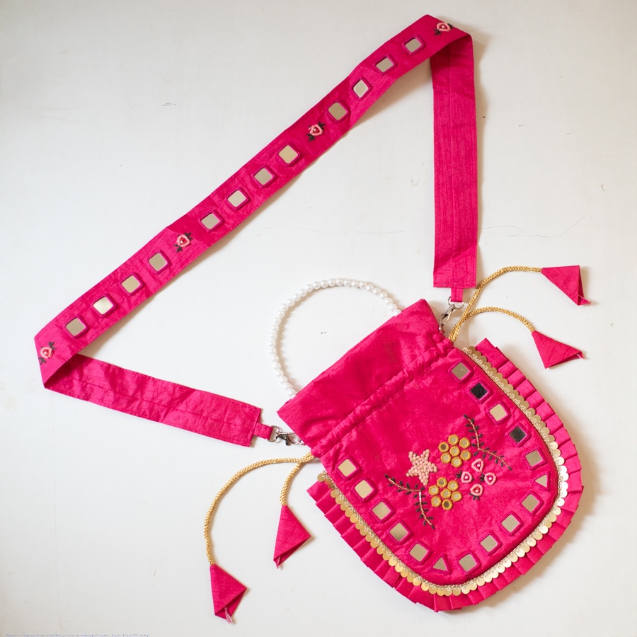 shop Embroidered Potli Purse With Detachable Belt  - Rani Pink