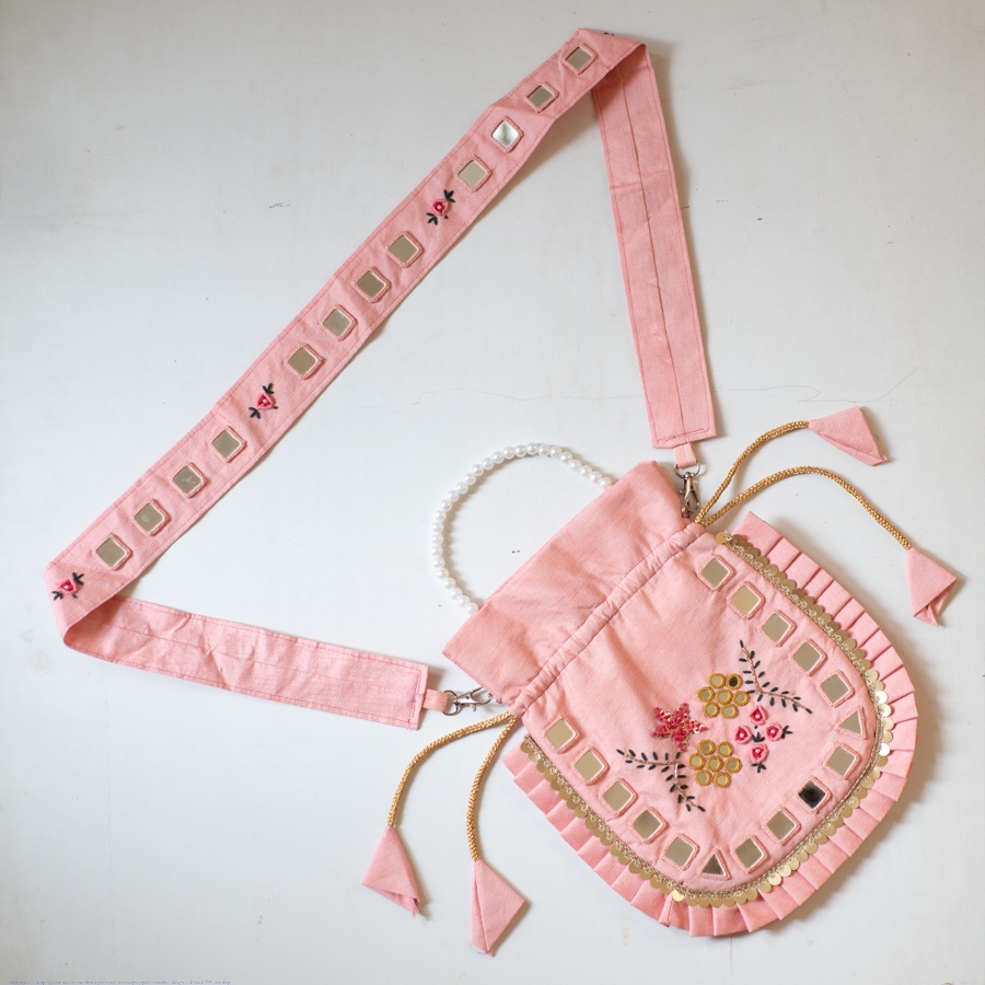 shop Embroidered Potli Purse With Detachable Belt - Light Pinnk