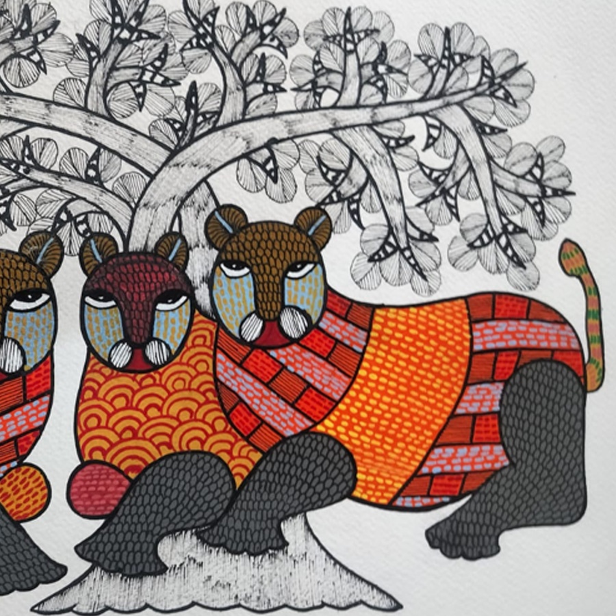 Hand Painted Gond Painting - Wild Cats
