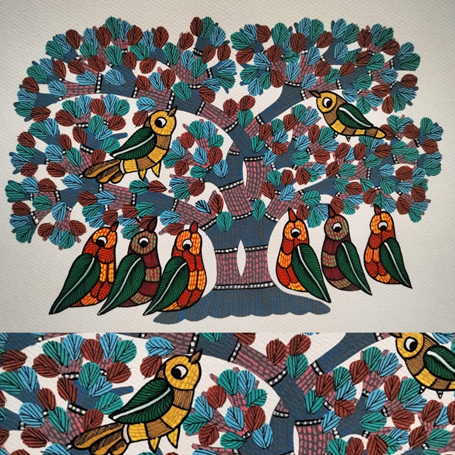 Hand Painted Gond Painting - Group of Birds