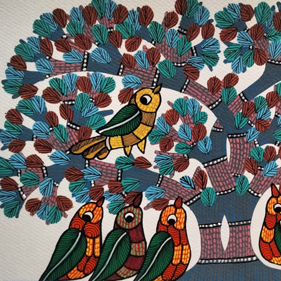 Hand Painted Gond Painting - Group of Birds