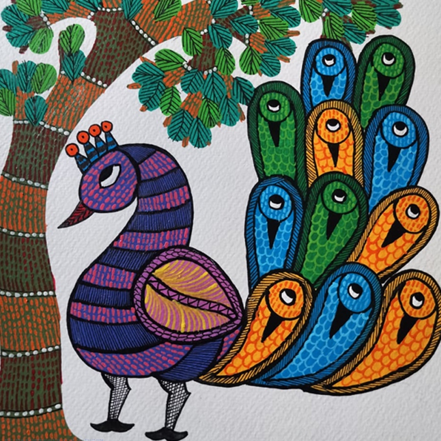 Hand Painted Gond Painting - Peacock 