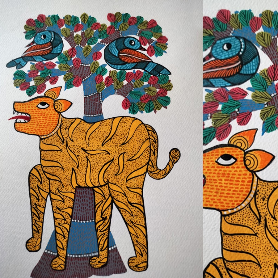 Hand Painted Gond Painting - Tiger