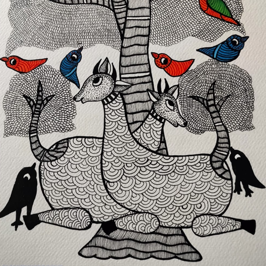 Hand Painted Gond Painting - Black & White Deer