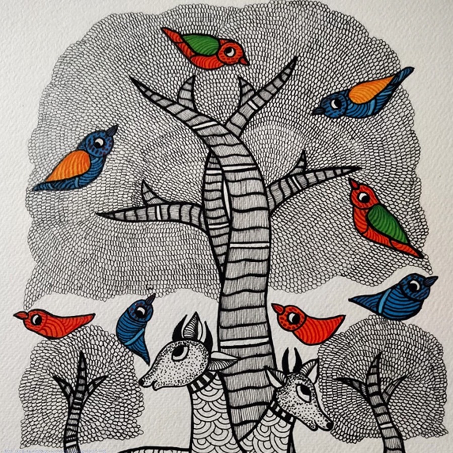 Hand Painted Gond Painting - Black & White Deer