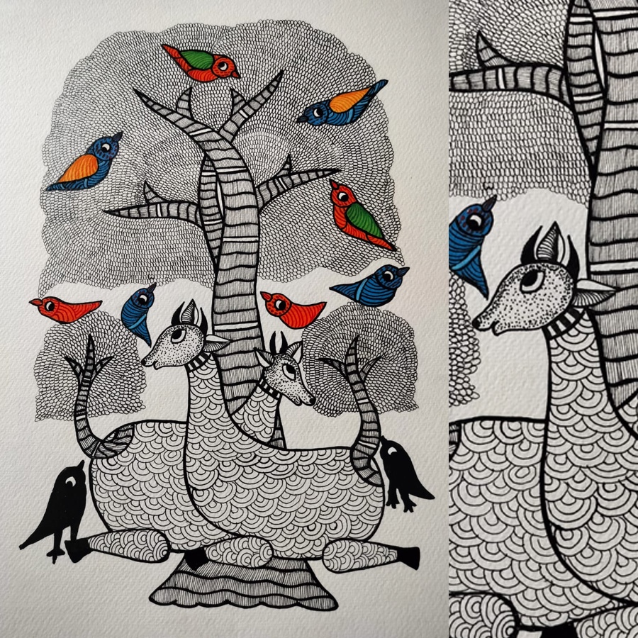 Hand Painted Gond Painting - Black & White Deer