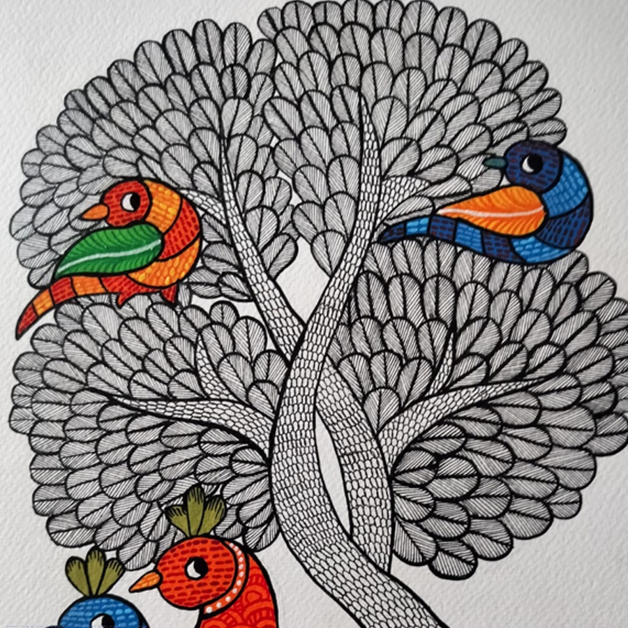 Hand Painted Gond Painting - Myna