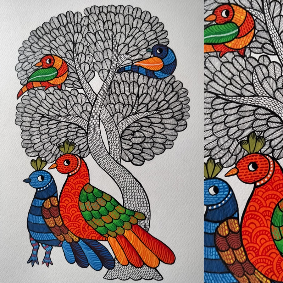 Hand Painted Gond Painting - Myna