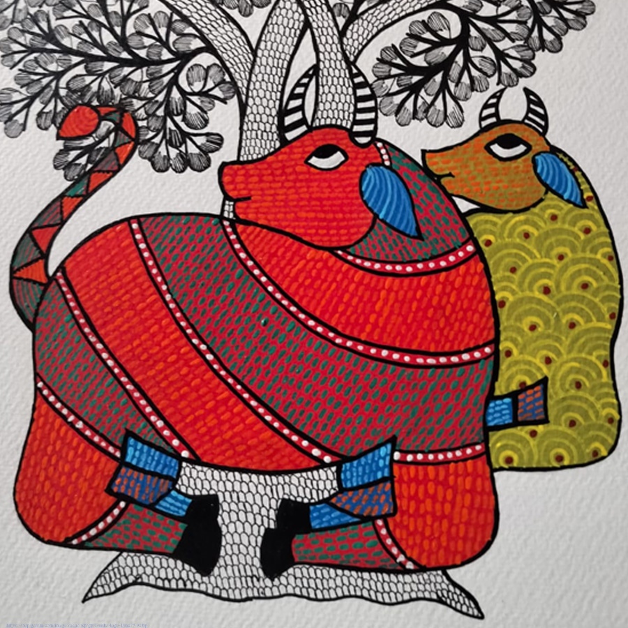 Hand Painted Gond Painting - Cow Under The Tree
