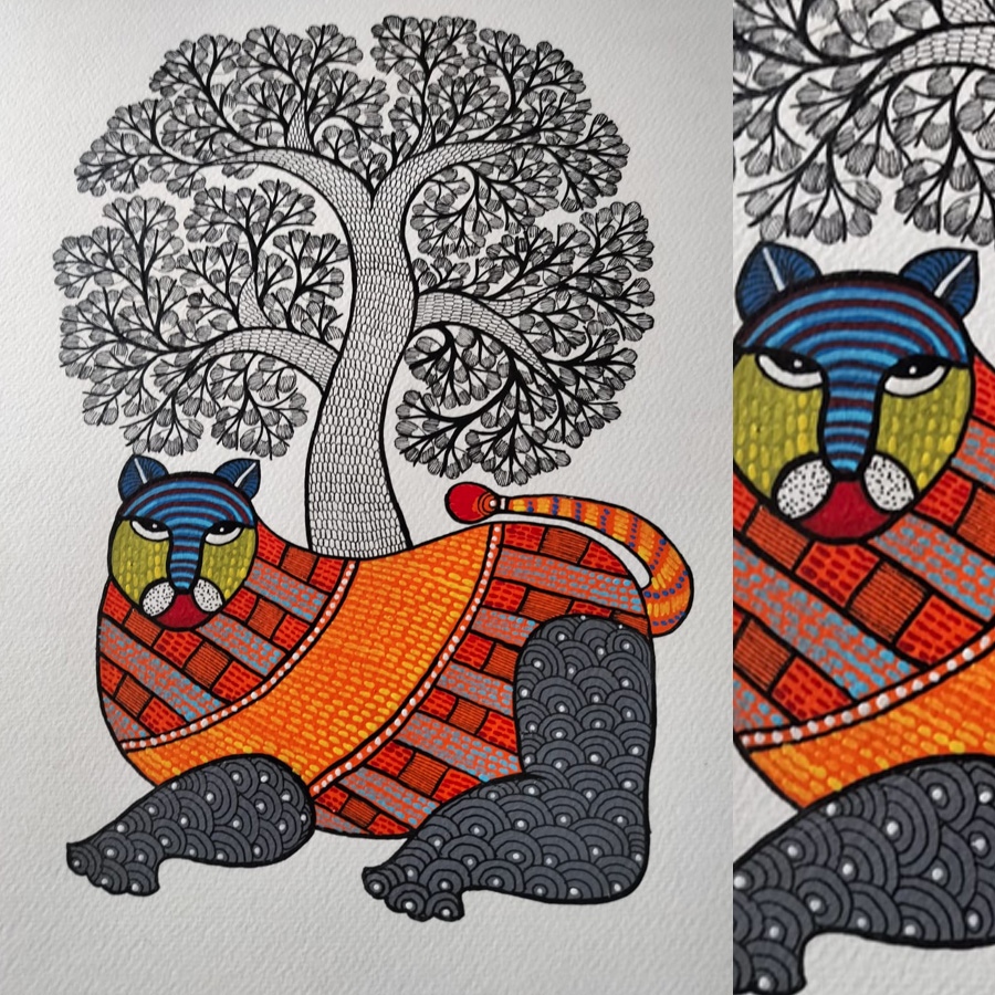 Hand Painted Gond Painting - Tigress 