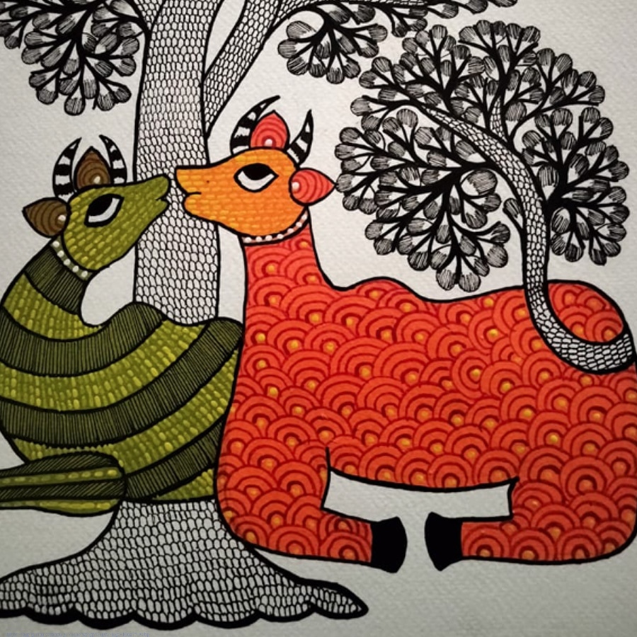 Hand Painted Gond Painting - Tree of Togetherness