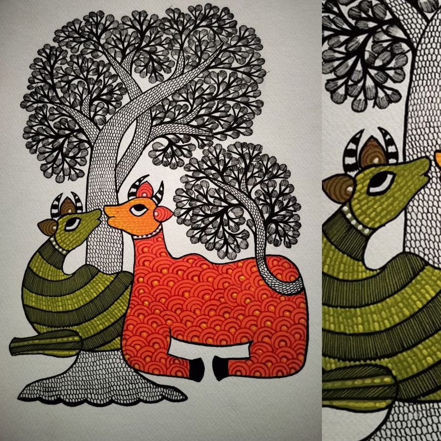 Hand Painted Gond Painting - Tree of Togetherness