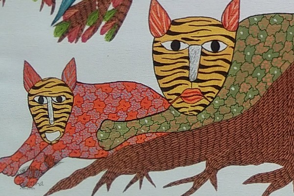 hand painted canvas gond painting - tiger & tree