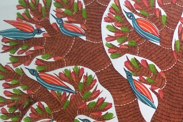 hand painted canvas gond painting - tiger & tree