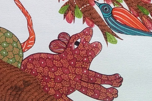 hand painted canvas gond painting - tiger & tree