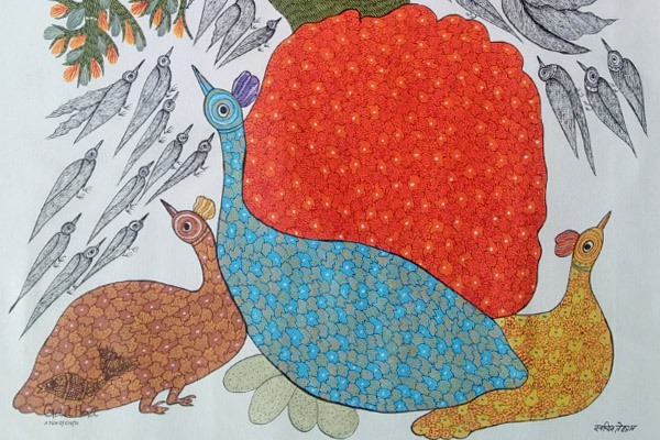 peahen hand painted gond painting