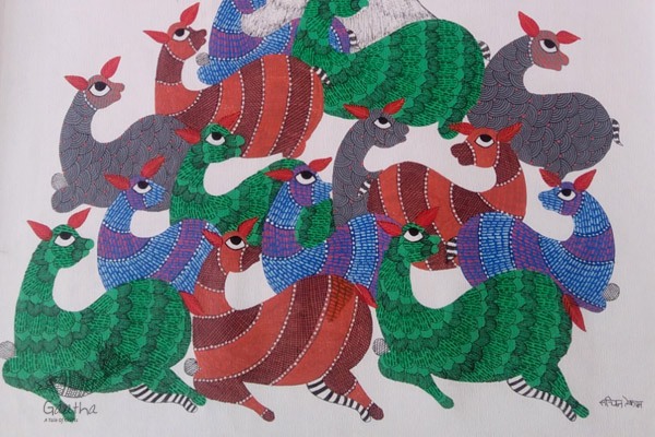 hand painted gond painting of singing birds on tree