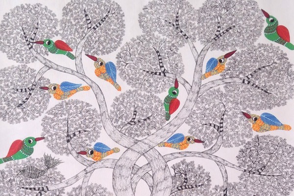 hand painted gond painting of singing birds on tree