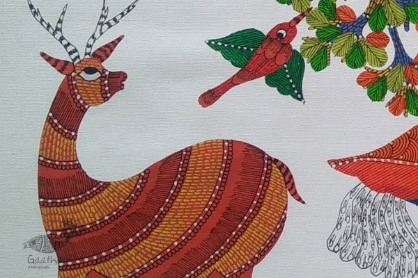 gond painting of peacock and deer