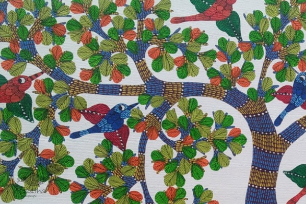 gond painting of peacock and deer