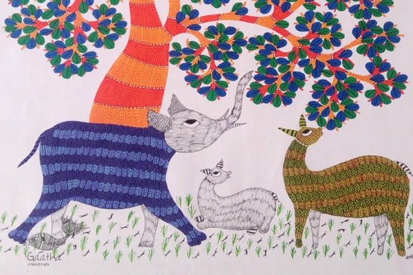 Shop hand painted gond painting - elephant and tree