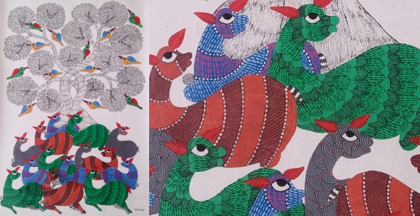 hand painted gond painting of singing birds on tree