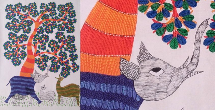 Shop hand painted gond painting - elephant and tree