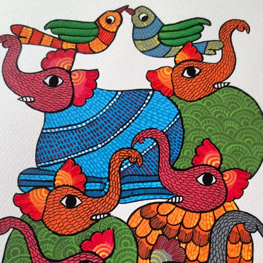 Hand Painted Gond Painting - Elephants
