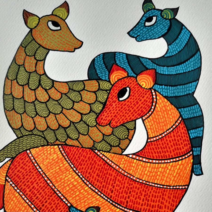 Hand Painted Gond Painting - Deer Family