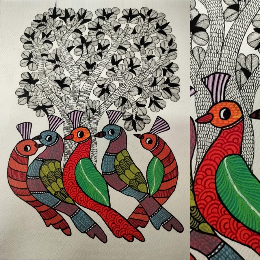 Hand Painted Gond Painting - Birds