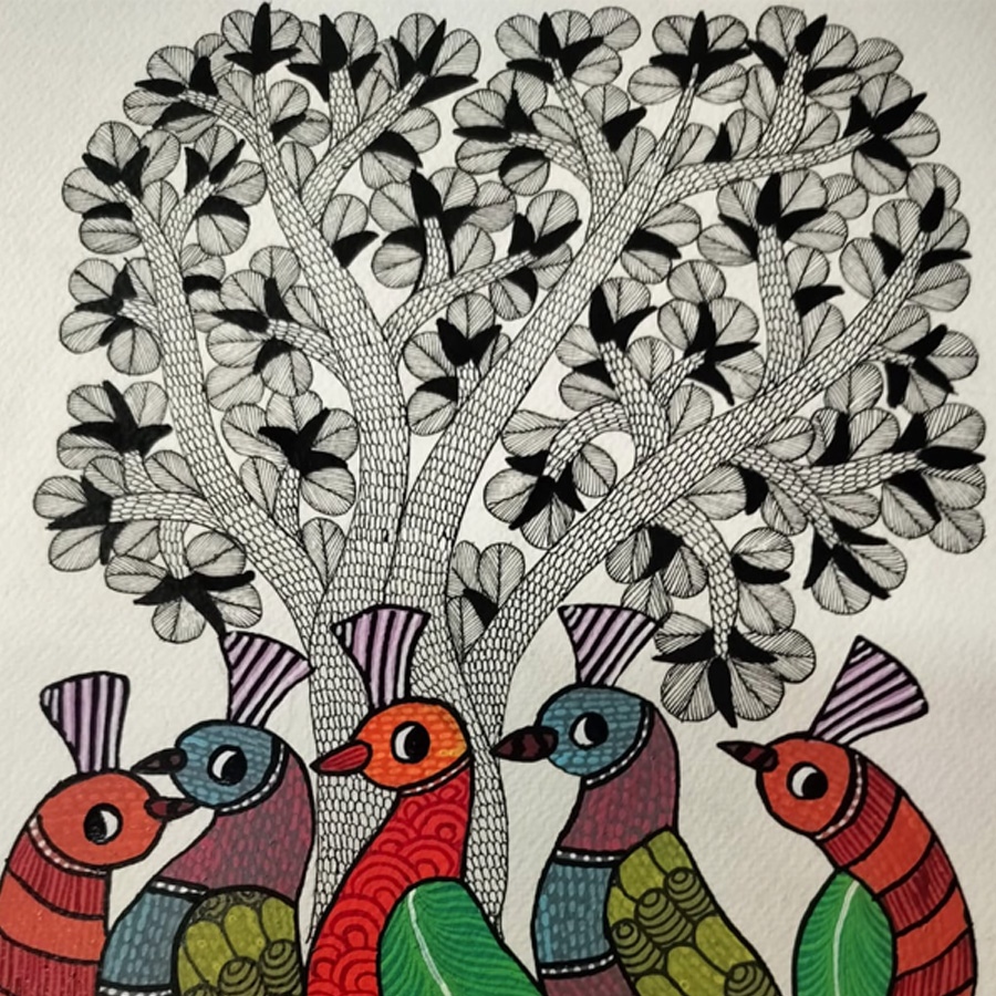 Hand Painted Gond Painting - Birds