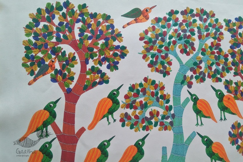 Canvas Gond Painting -  Birds & Tree