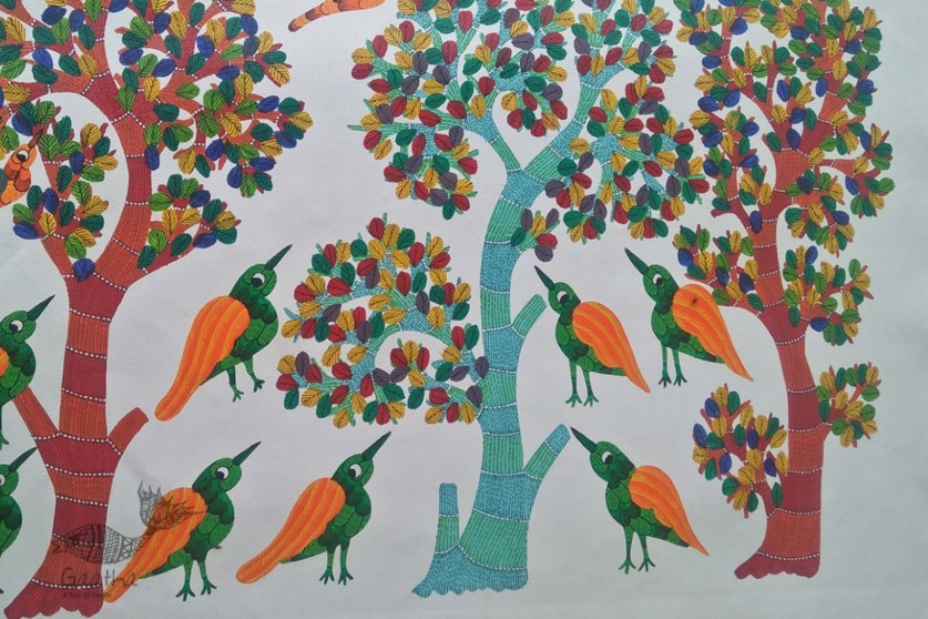 Canvas Gond Painting -  Birds & Tree