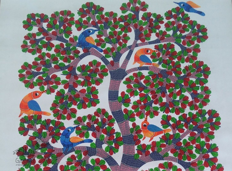 Hand Panted Canvas Gond Painting Three Peacocks