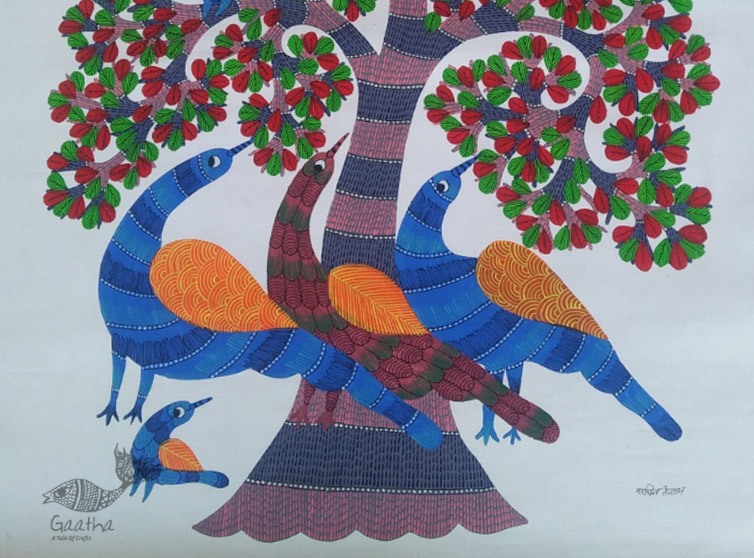 Hand Panted Canvas Gond Painting Three Peacocks