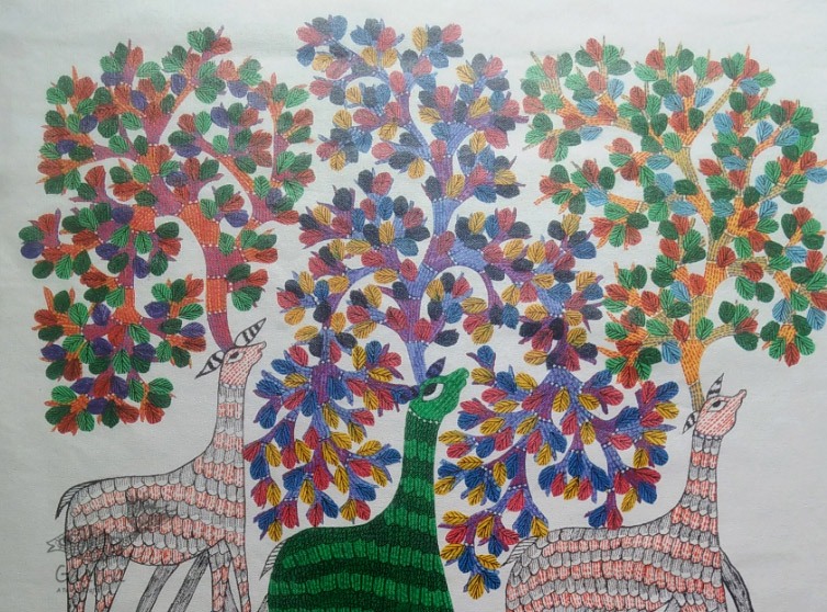 Canvas Gond Painting - Deer & Trees