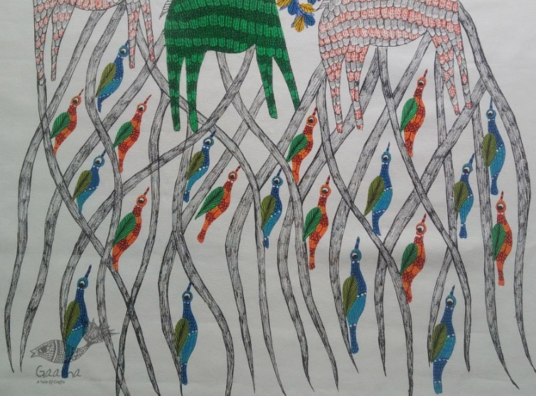 Canvas Gond Painting - Deer & Trees