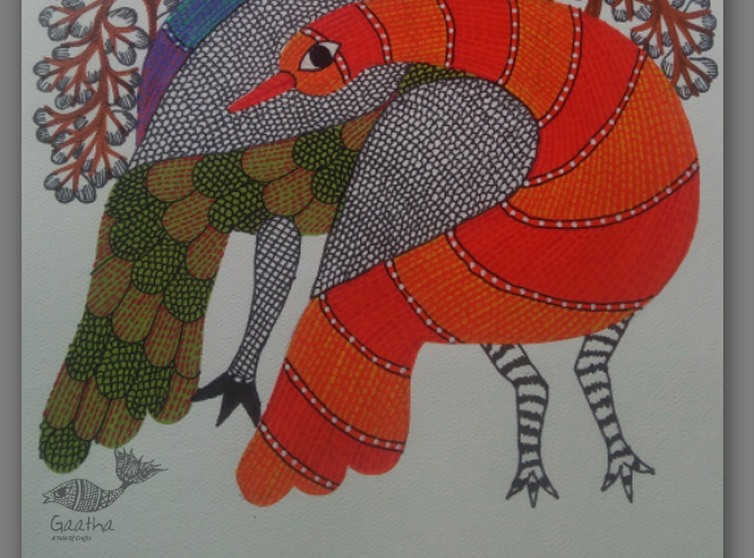 Hand Painted Gond Art ~ Painting ( 11" x 15" )  peahens