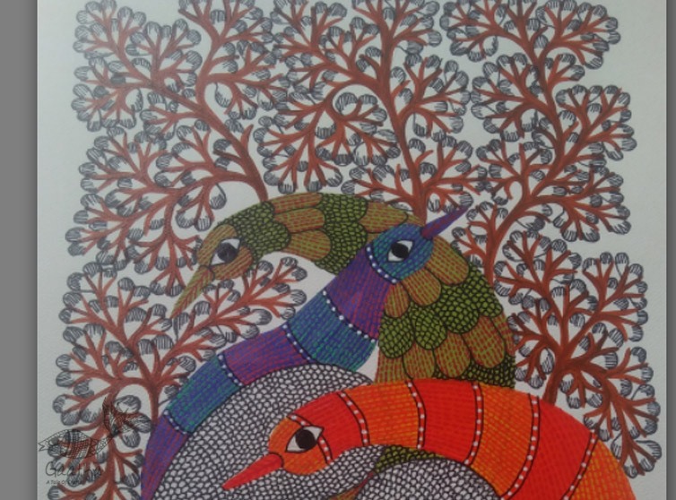 Hand Painted Gond Art ~ Painting ( 11" x 15" )  peahens