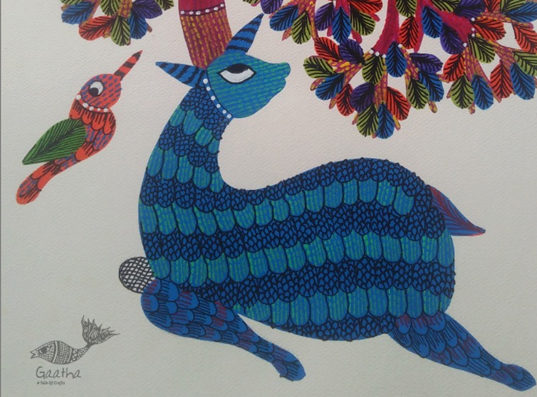 Hand Painted Gond Art ~ Painting ( 11" x 15" ) Deer & Tree