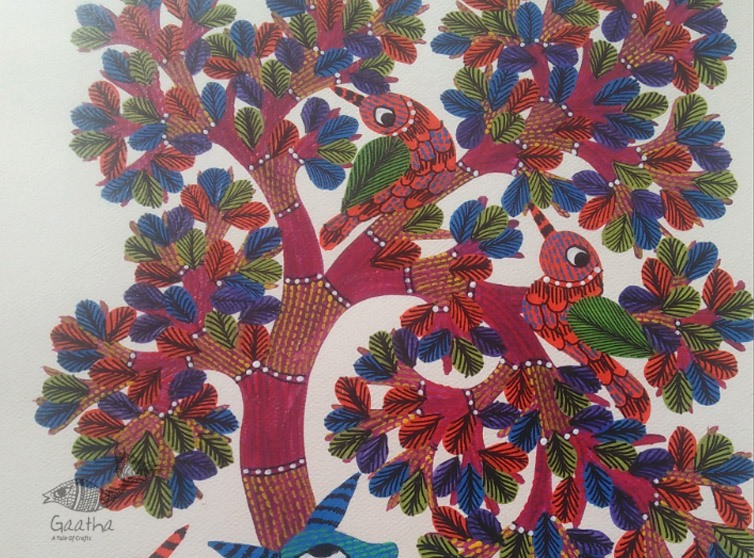 Hand Painted Gond Art ~ Painting ( 11" x 15" ) Deer & Tree