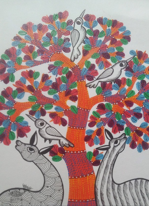 Hand Painted Gond Art ~ Painting ( 11" x 15" ) Orange Tree