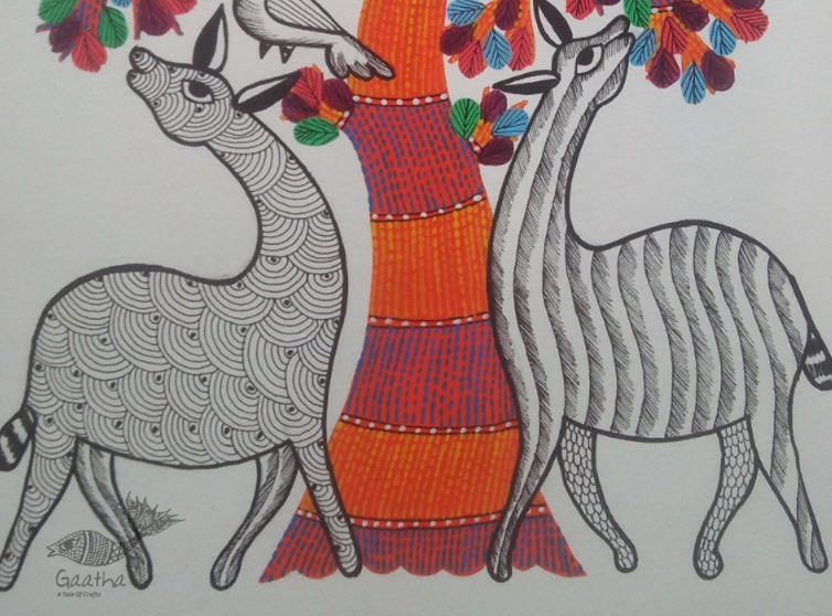 Hand Painted Gond Art ~ Painting ( 11" x 15" ) Orange Tree