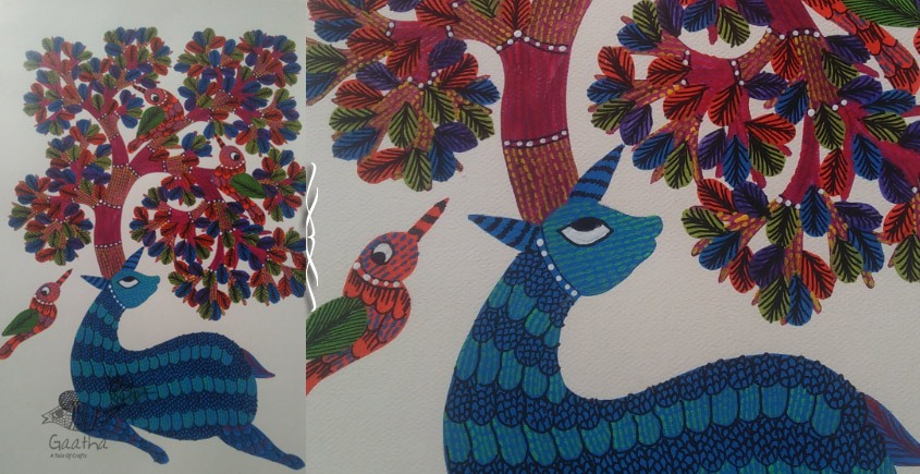 Hand Painted Gond Art ~ Painting ( 11" x 15" ) Deer & Tree