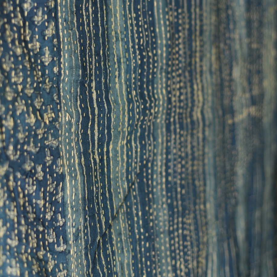 Rajasthani Embroidered Kantha Running Stitch -  Cotton Reversible Quilt / Gudadi - Indigo