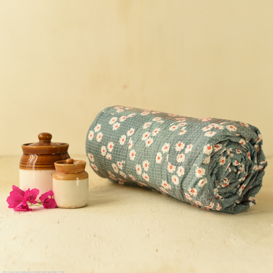Embroidered Kantha ~ Double Bed Cotton Dohar Quilt / Reversible Gudadi
