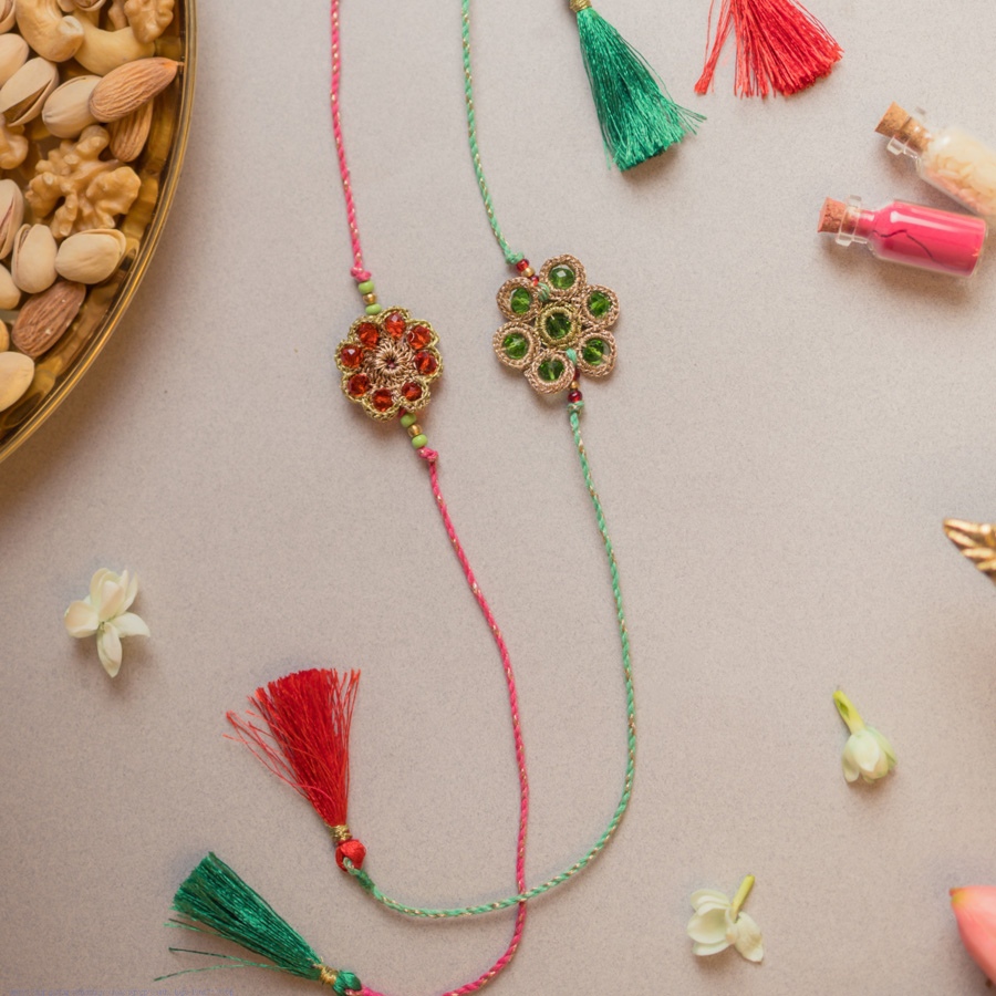 shop Handmade Jewelled Flowers Crochet Rakhi (Set of 2)