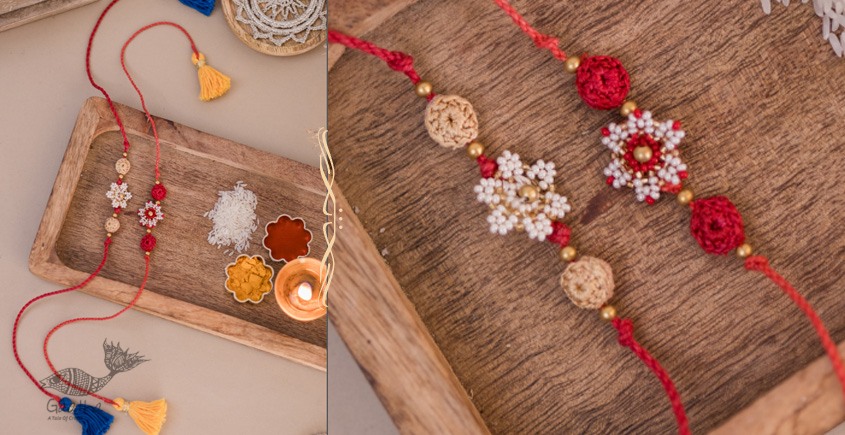 Handmade Crochet Rakhi (Set of 2) - Red & White Beads Flower Rakhi